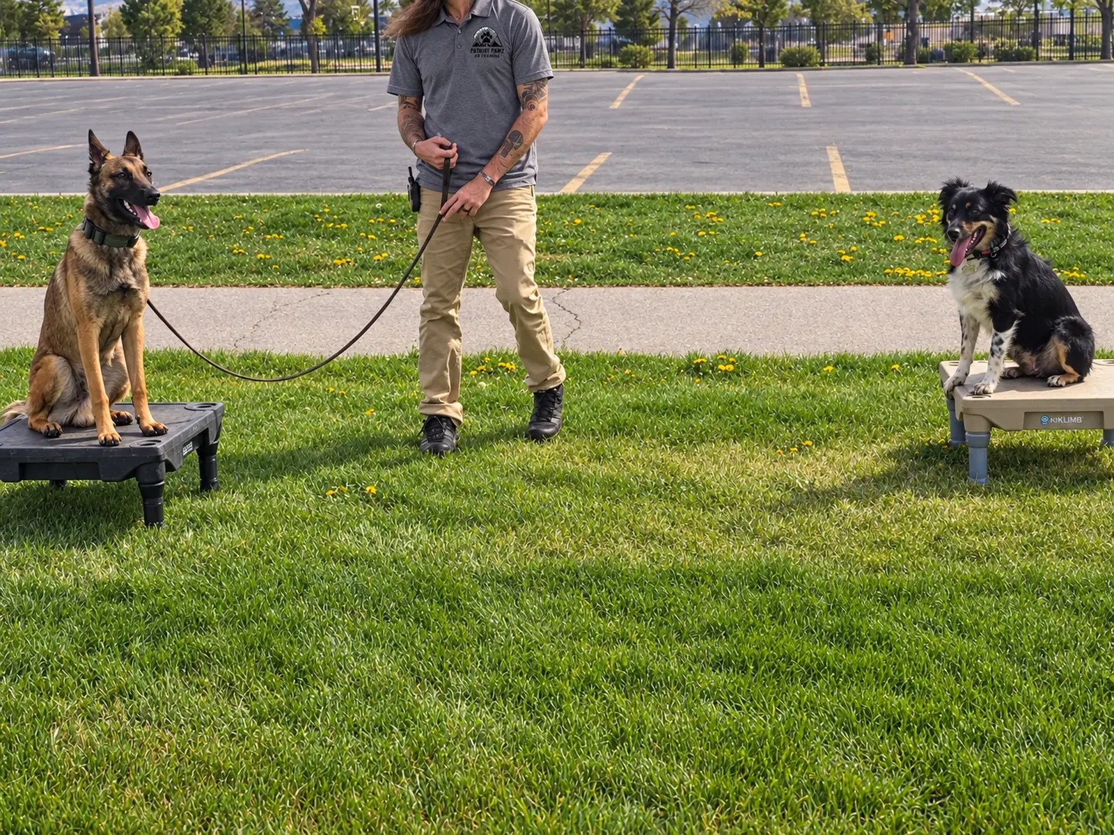 Dog trainer with two dogs on training platforms outdoors in Northern Utah